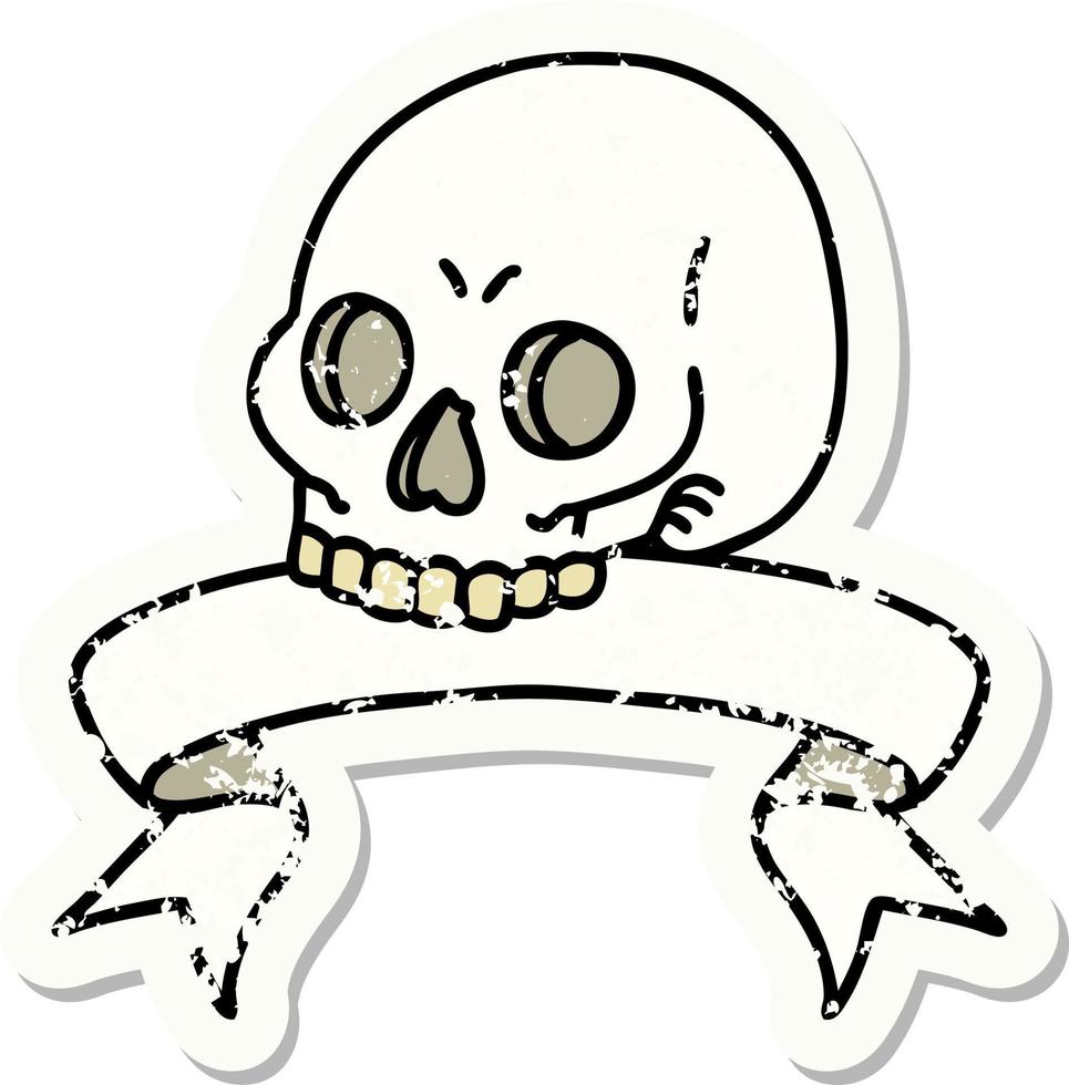 worn old sticker with banner of a skull vector