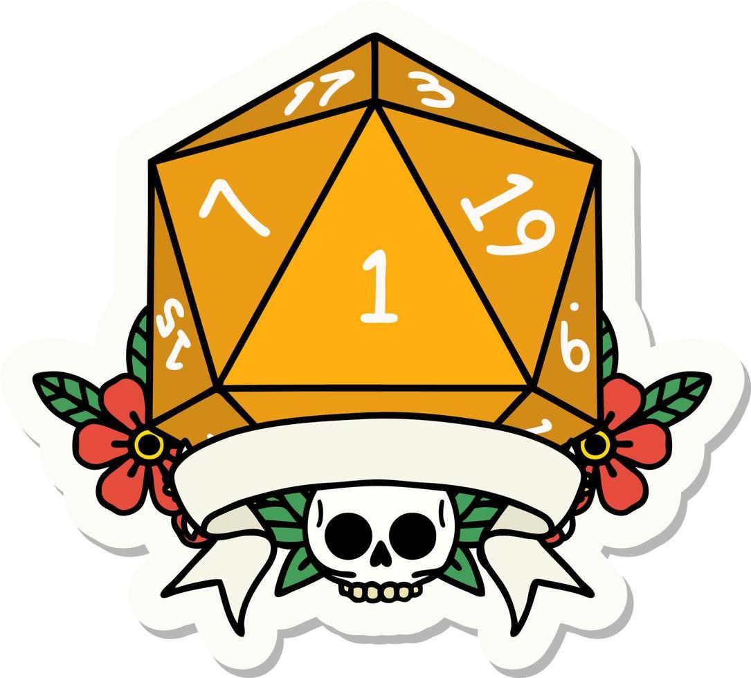 sticker of a natural one d20 dice roll vector