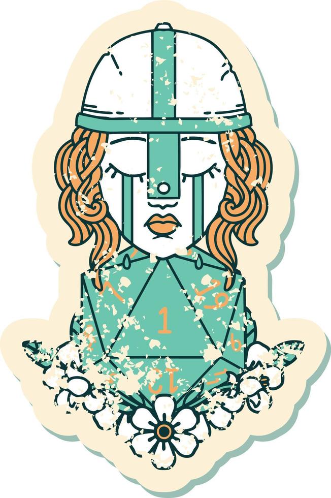 grunge sticker of a crying human fighter with natural one D20 roll vector