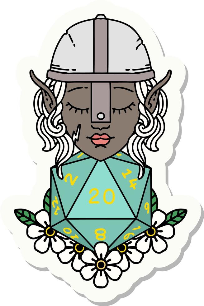 sticker of a elf fighter with natural twenty dice roll vector