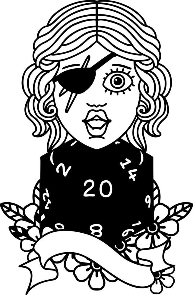 Black and White Tattoo linework Style human rogue with natural 20 dice roll vector