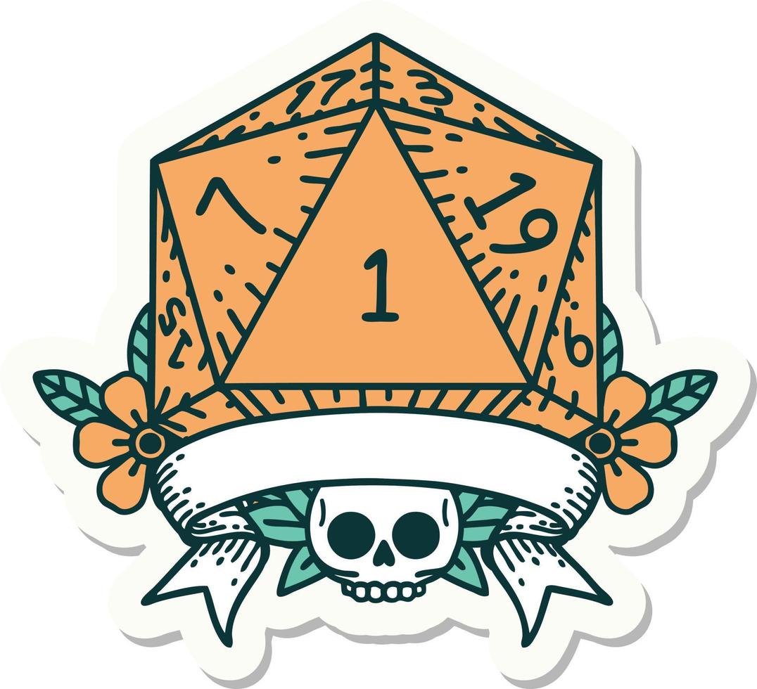 sticker of a natural one d20 dice roll vector