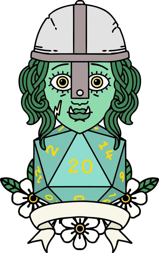 Retro Tattoo Style half orc fighter with natural twenty dice roll vector