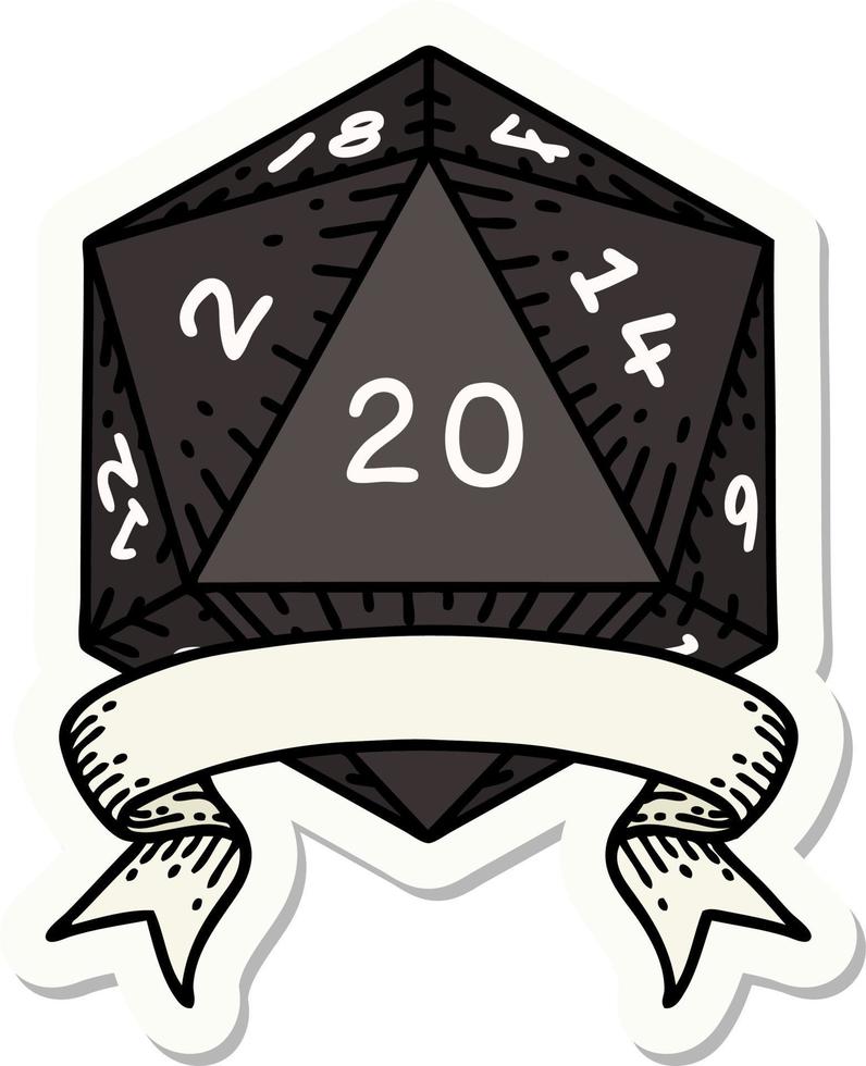 sticker of a natural 20 critical hit D20 dice roll vector