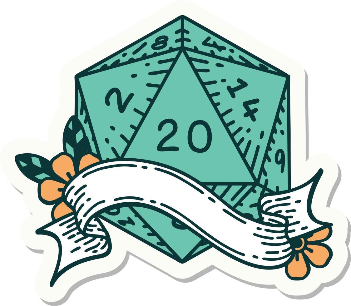 sticker of a natural twenty D20 dice roll vector
