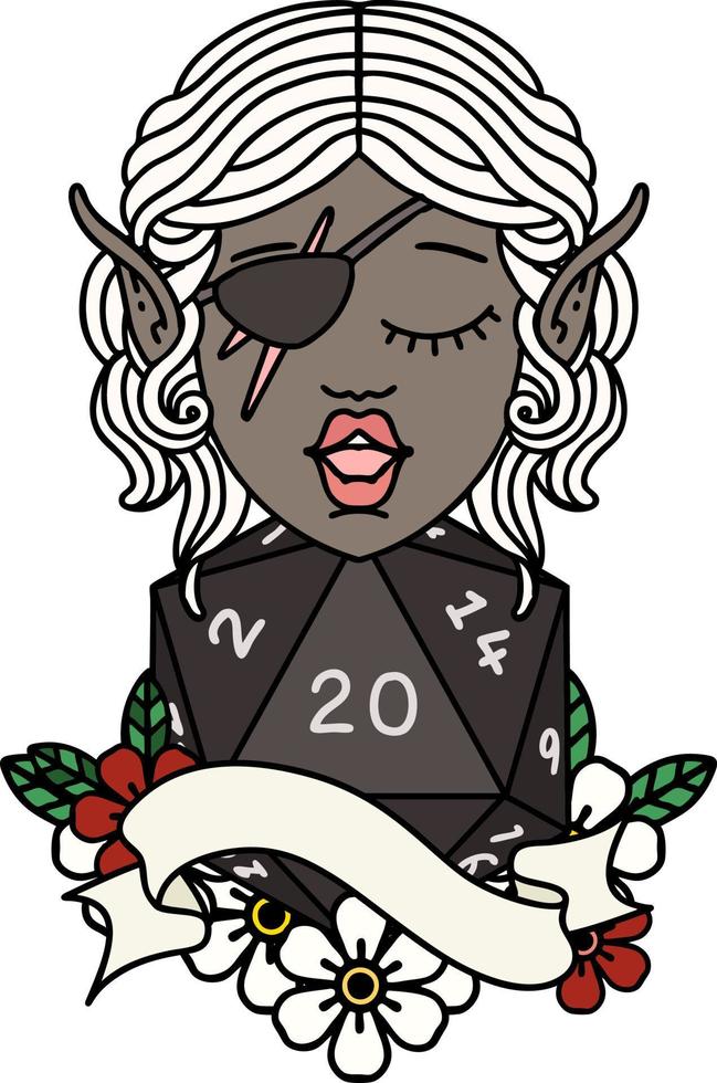 Retro Tattoo Style elf rogue character with natural twenty dice roll vector