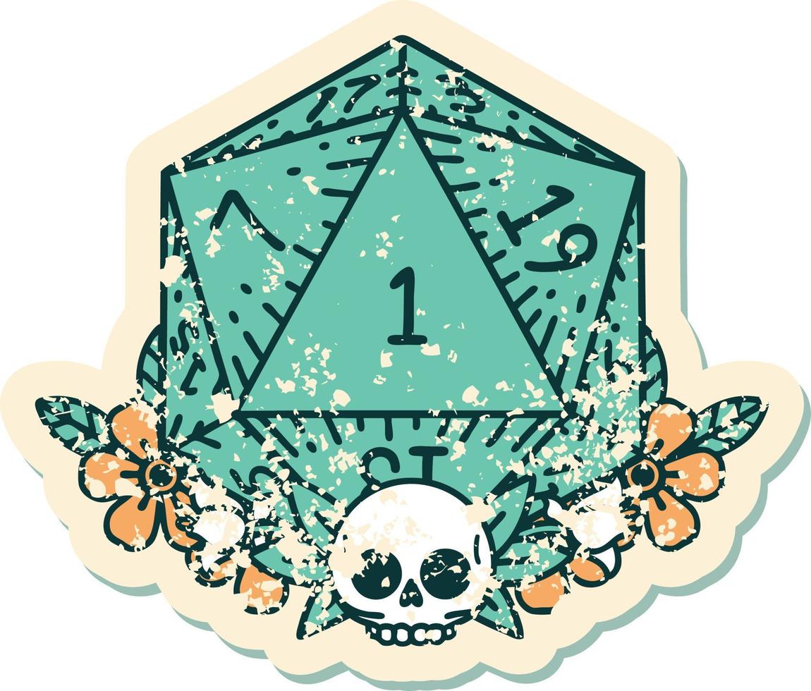 Retro Tattoo Style natural one dice roll with floral elements vector