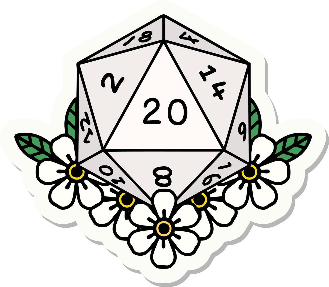 sticker of a natural 20 D20 dice roll with floral elements vector