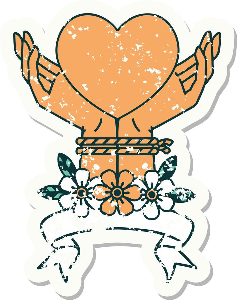 worn old sticker with banner of tied hands and a heart vector