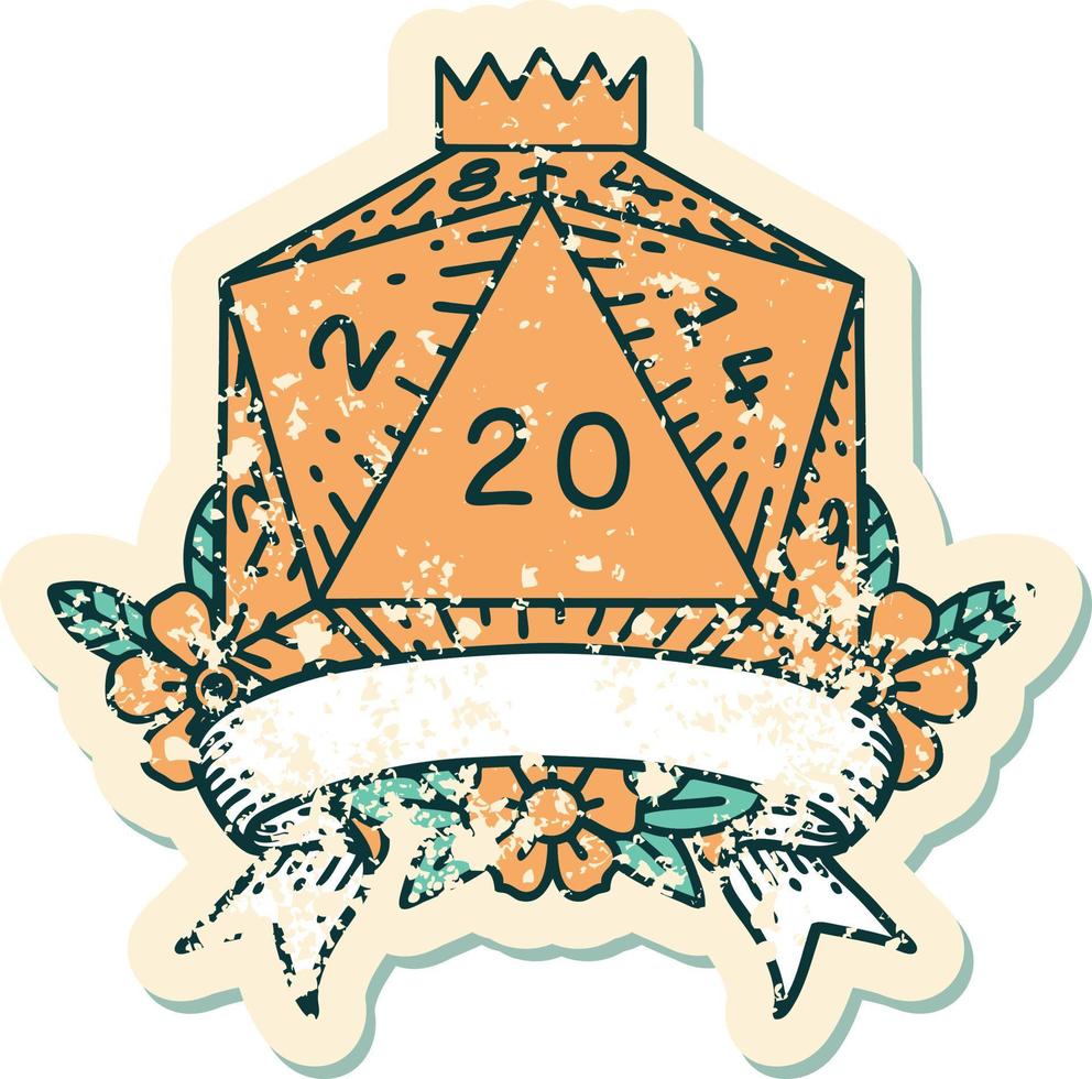 Retro Tattoo Style natural 20 critical hit D20 dice roll vector