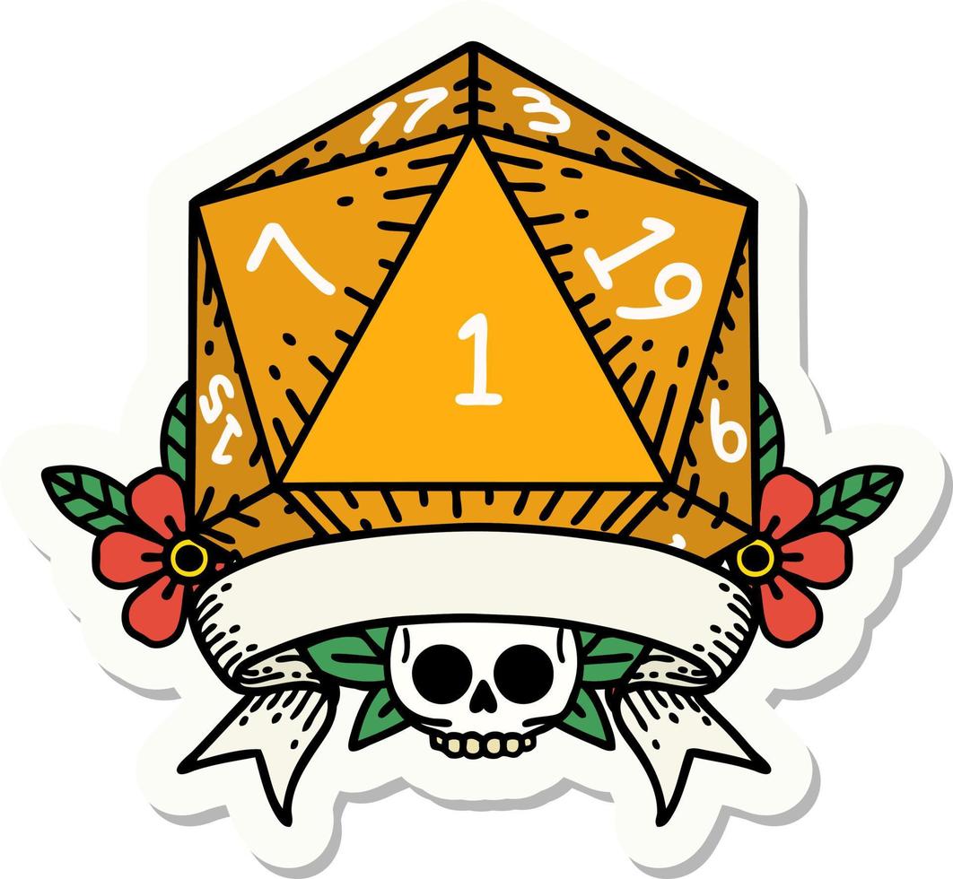 sticker of a natural one d20 dice roll vector