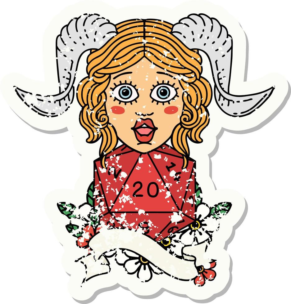 grunge sticker of a tiefling with natural twenty dice roll vector