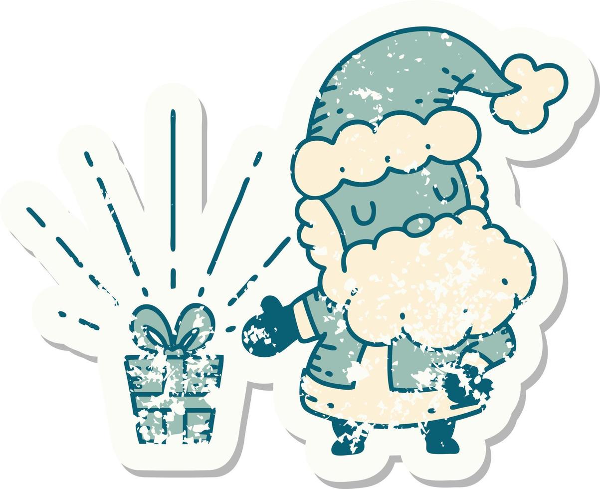 worn old sticker of a tattoo style santa claus christmas character vector