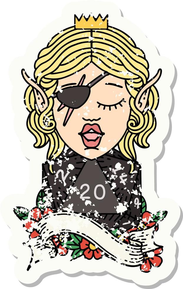 grunge sticker of a elf rogue with natural twenty dice roll vector