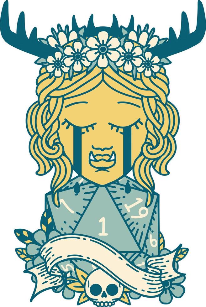 cara de personaje de druida orco llorando estilo tatuaje retro con un rollo d20 natural vector