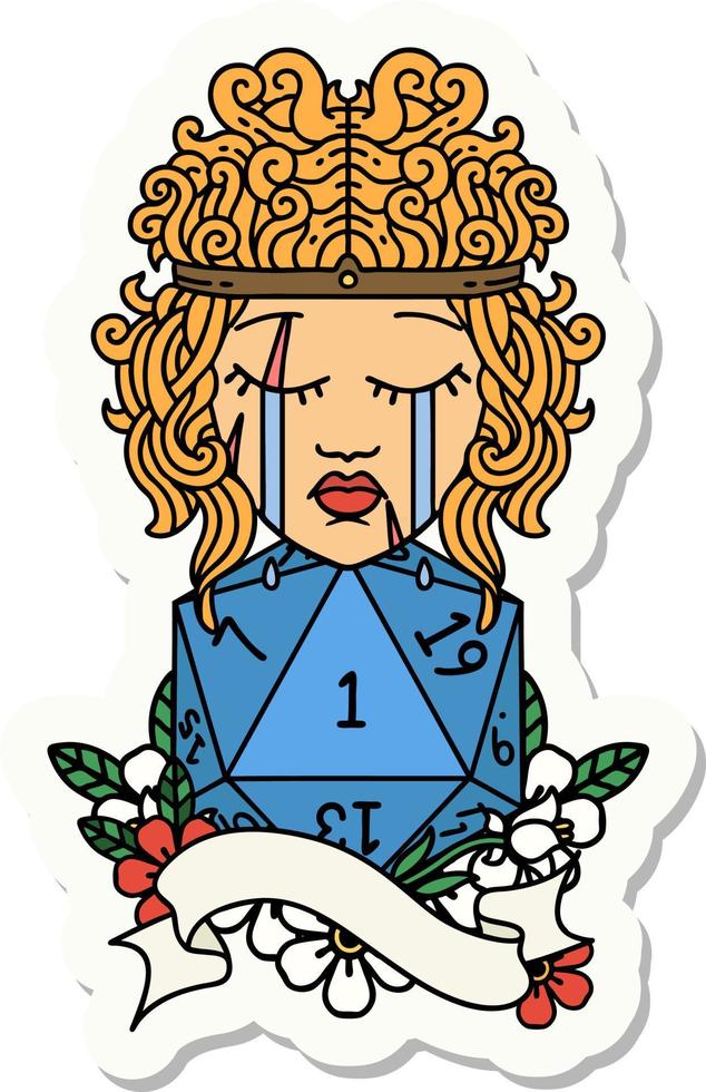 sticker of a crying human barbarian with natural one d20 roll vector