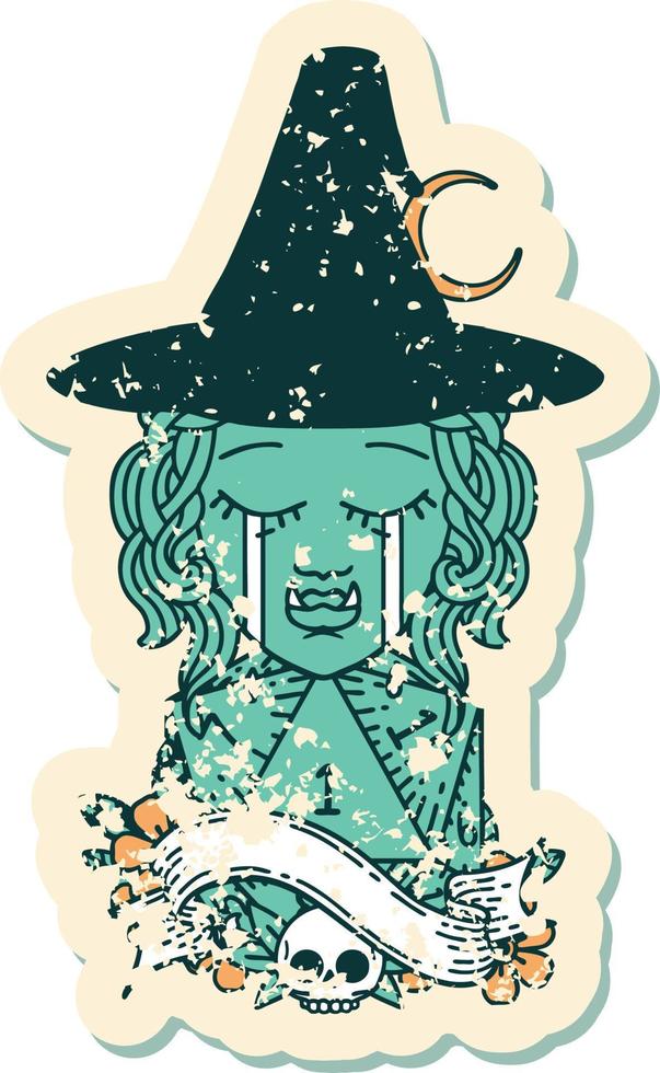 Retro Tattoo Style crying half orc witch character face with natural one d20 dice roll vector