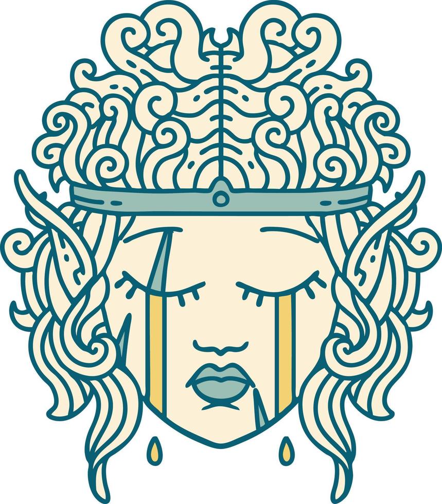 Retro Tattoo Style crying elf barbarian character face vector