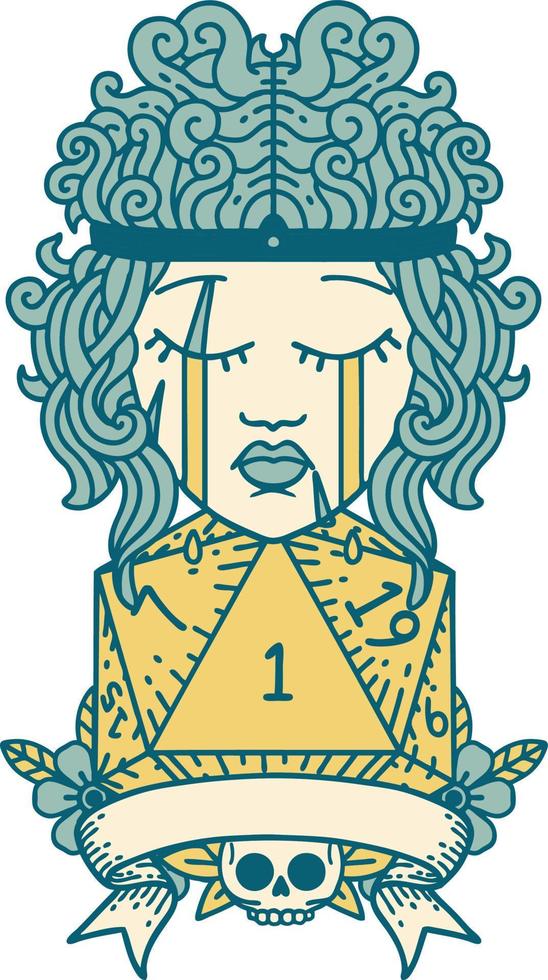 Retro Tattoo Style crying human barbarian with natural one roll vector