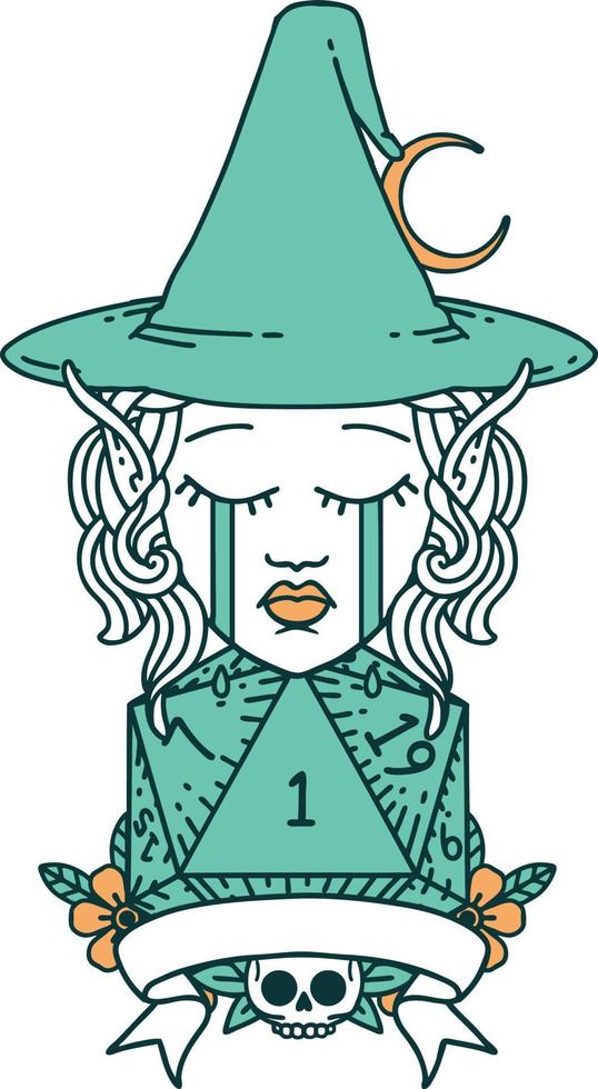 Retro Tattoo Style crying elf mage character with natural one dice roll vector