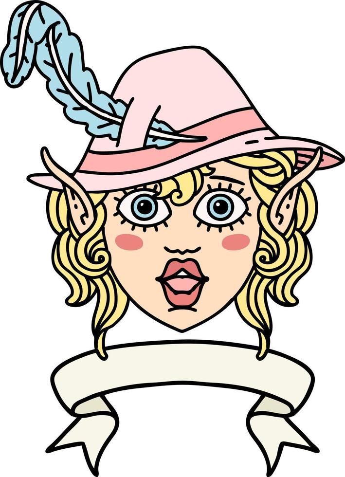 Retro Tattoo Style elf bard character face with banner vector