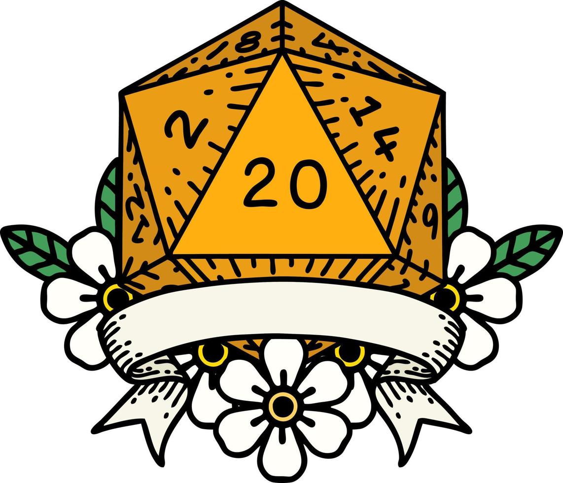 Retro Tattoo Style natural 20 critical hit D20 dice roll vector