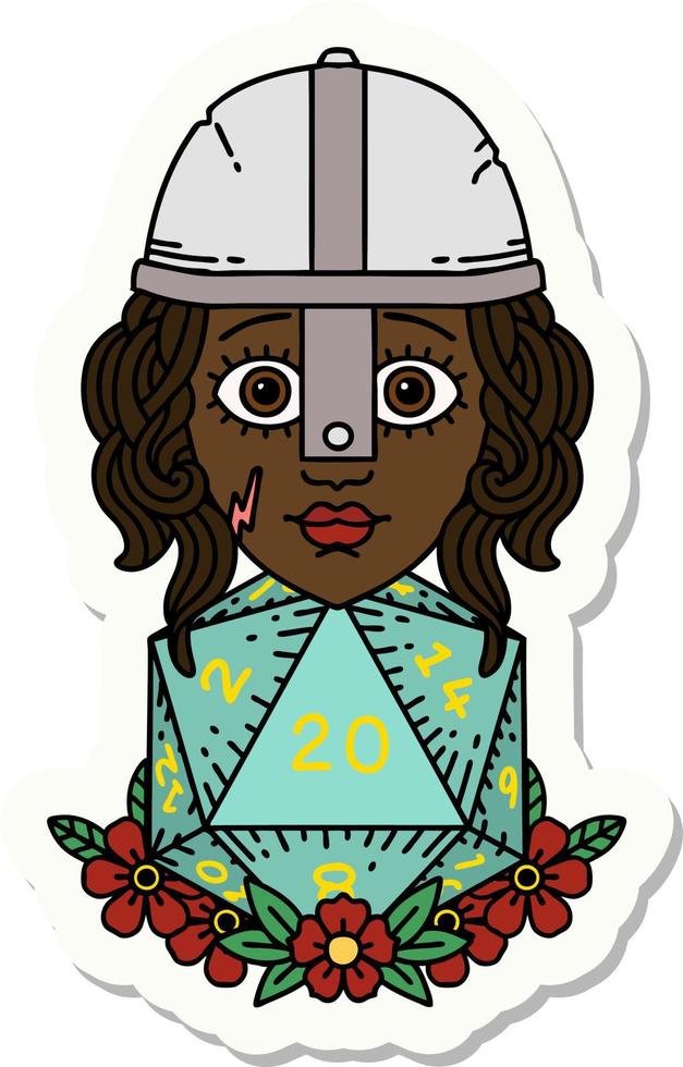 sticker of a human fighter with natural 20 D20 dice roll vector