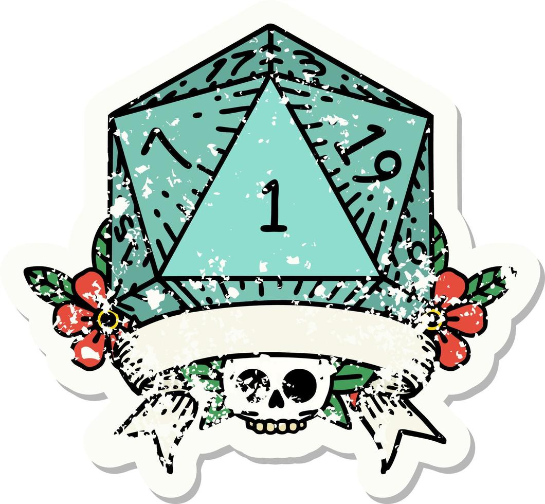 grunge sticker of a natural one d20 dice roll vector