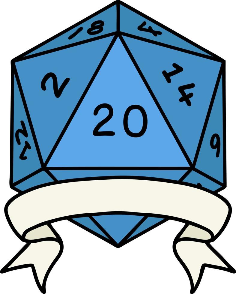 Retro Tattoo Style natural 20 critical hit D20 dice roll vector