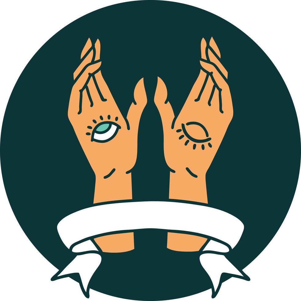 tattoo style icon with banner of mystic hands vector