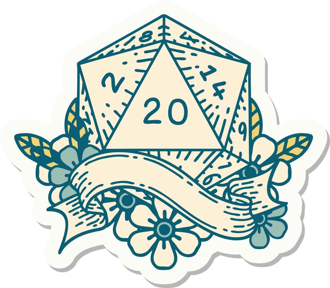 sticker of a natural twenty D20 dice roll vector