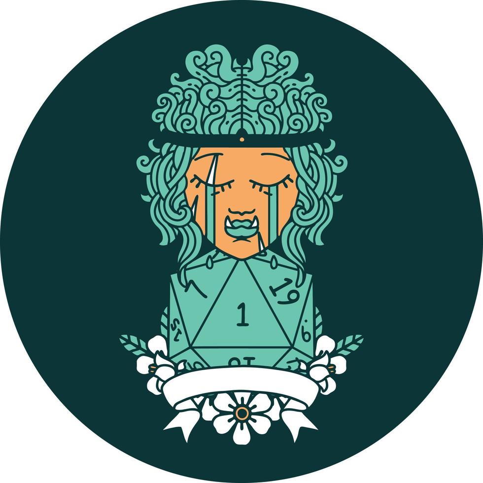 icon of crying orc barbarian character with natural one D20 roll vector