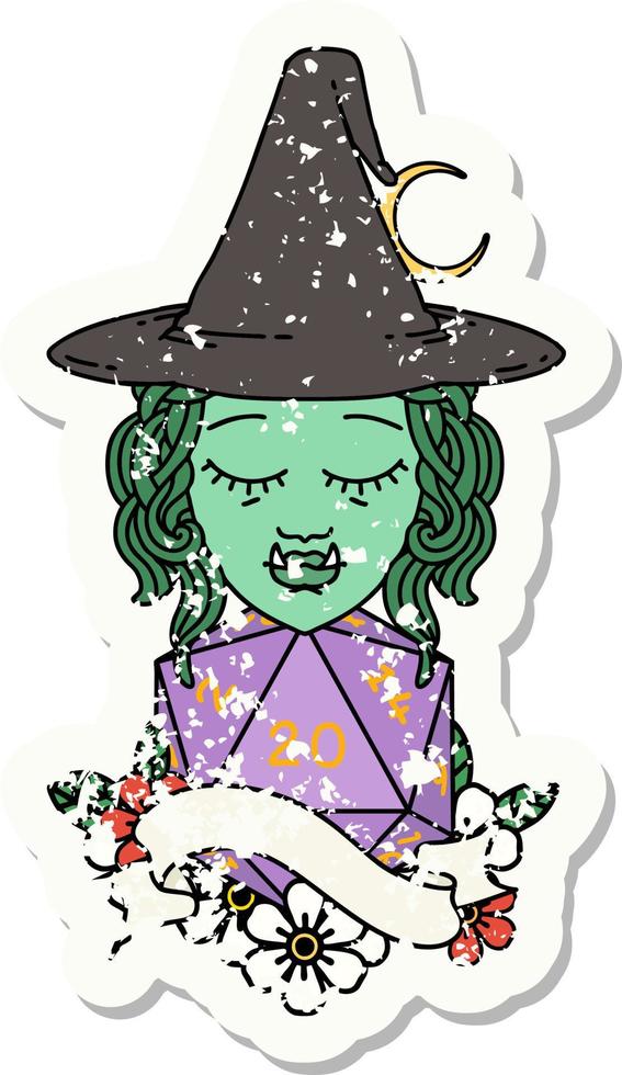 grunge sticker of a half orc witch character with natural twenty dice roll vector