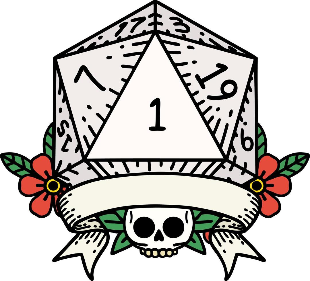 Retro Tattoo Style natural one d20 dice roll vector