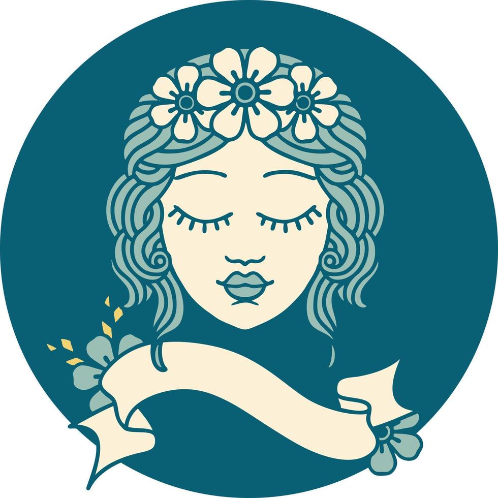 tattoo style icon with banner of a maidens face vector