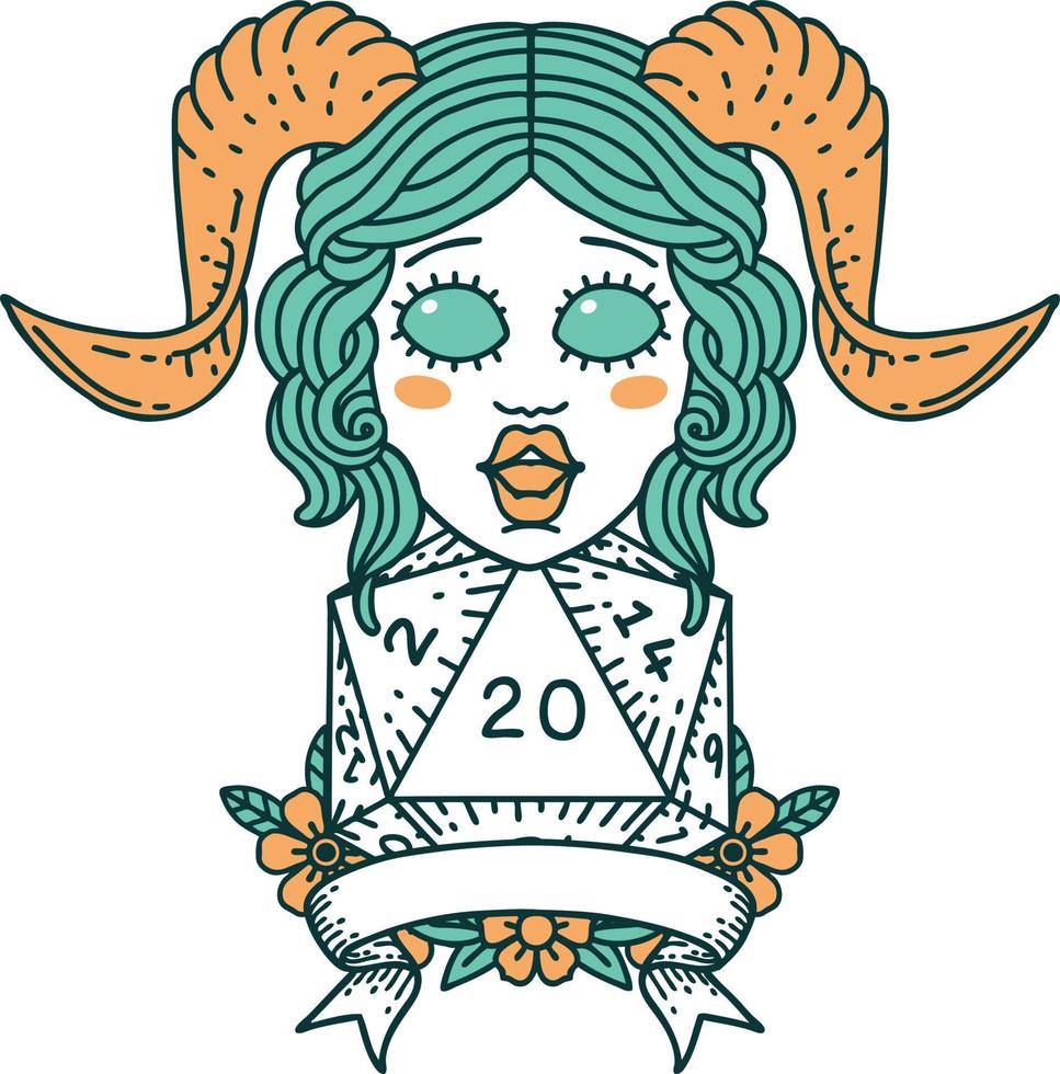 Retro Tattoo Style tiefling with natural 20 D20 roll vector