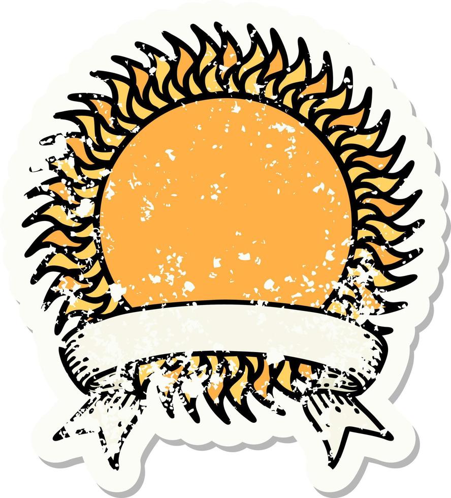 worn old sticker with banner of a sun vector