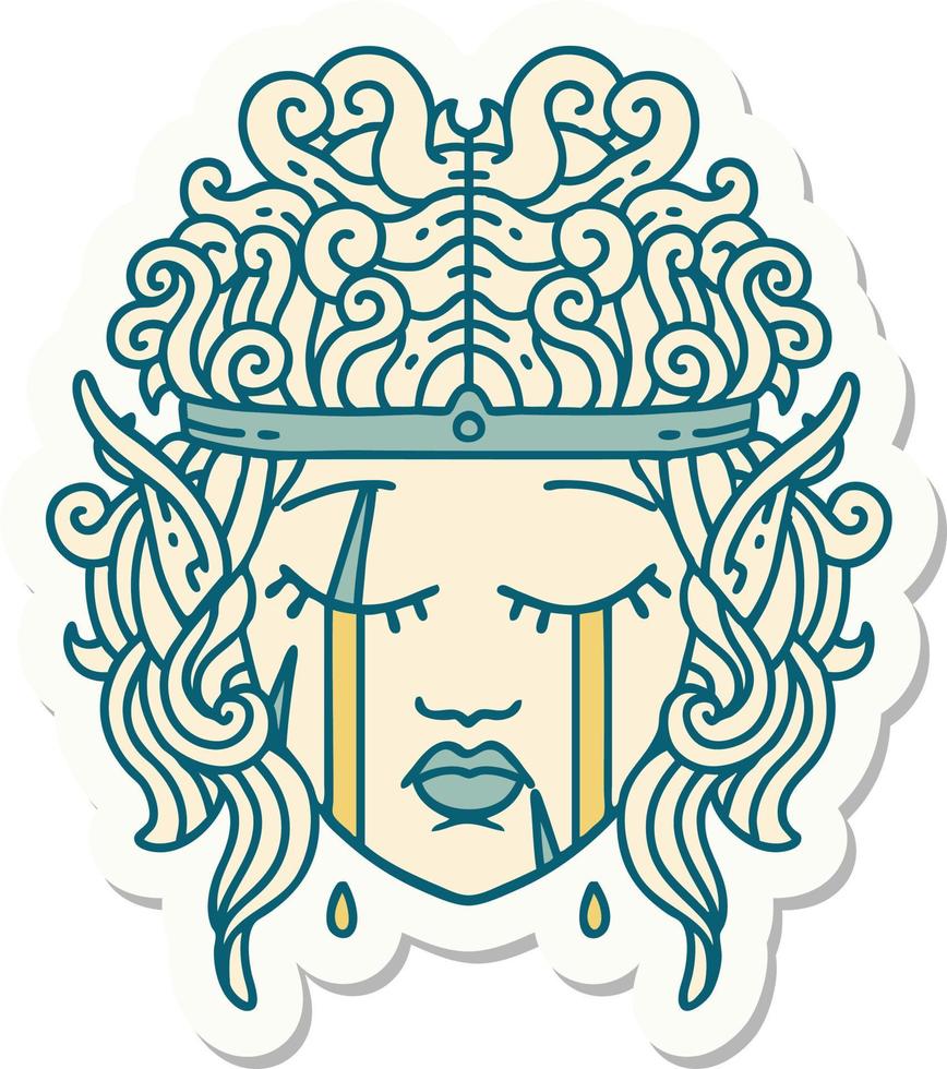 sticker of a crying elf barbarian character face vector