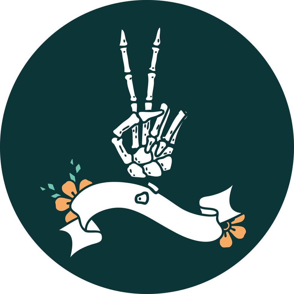tattoo style icon with banner of a skeleton giving a peace sign vector
