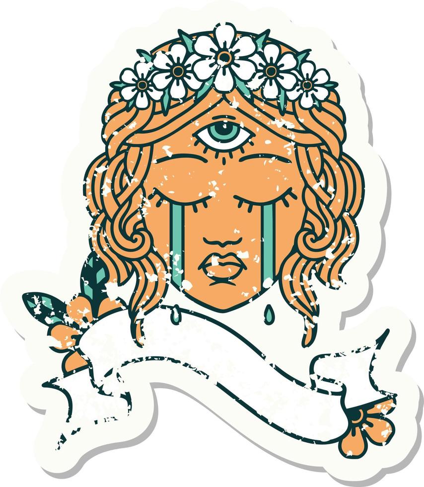 worn old sticker with banner of female face with mystic third eye crying vector