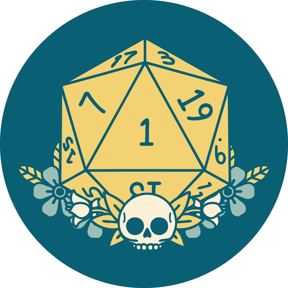 Retro Tattoo Style natural one dice roll with floral elements vector