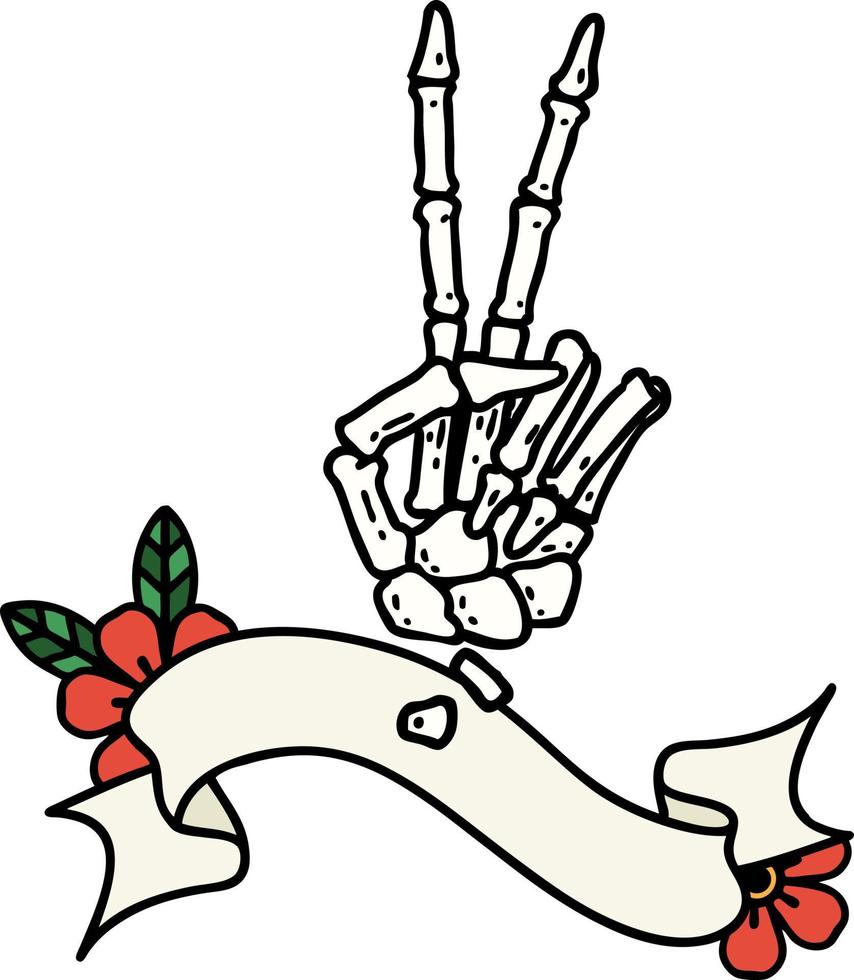 tatuaje tradicional con pancarta de un esqueleto dando un signo de paz vector