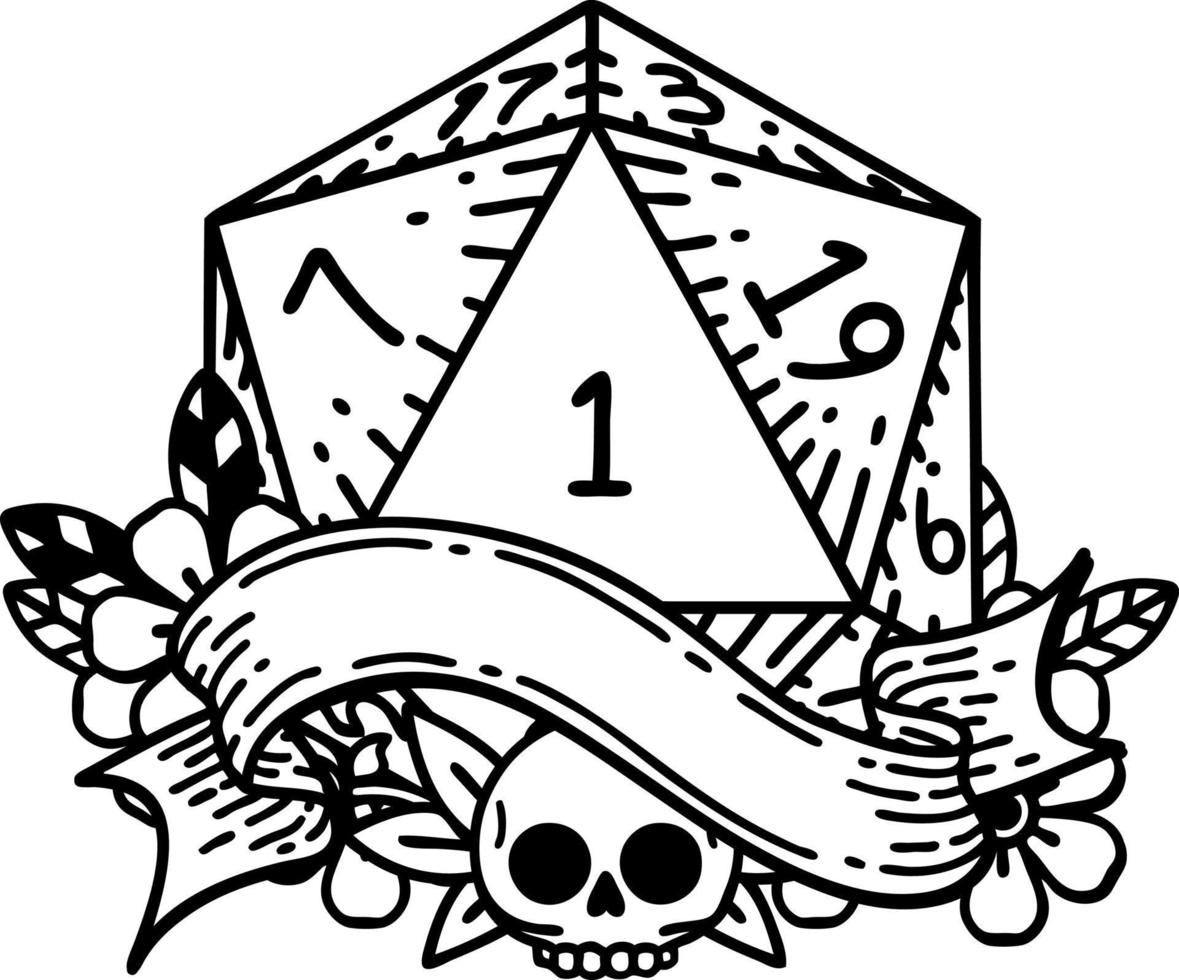 Black and White Tattoo linework Style natural one d20 dice roll vector