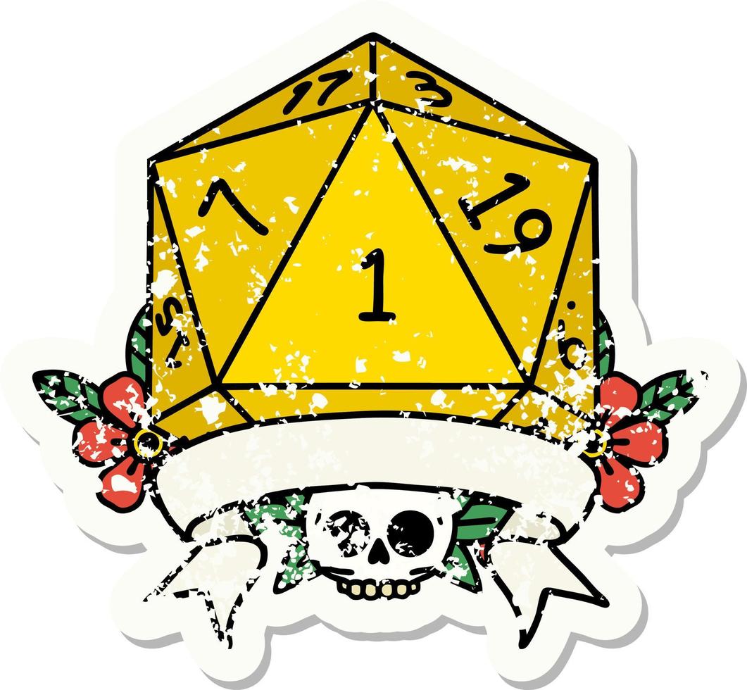 Retro Tattoo Style natural one d20 dice roll vector