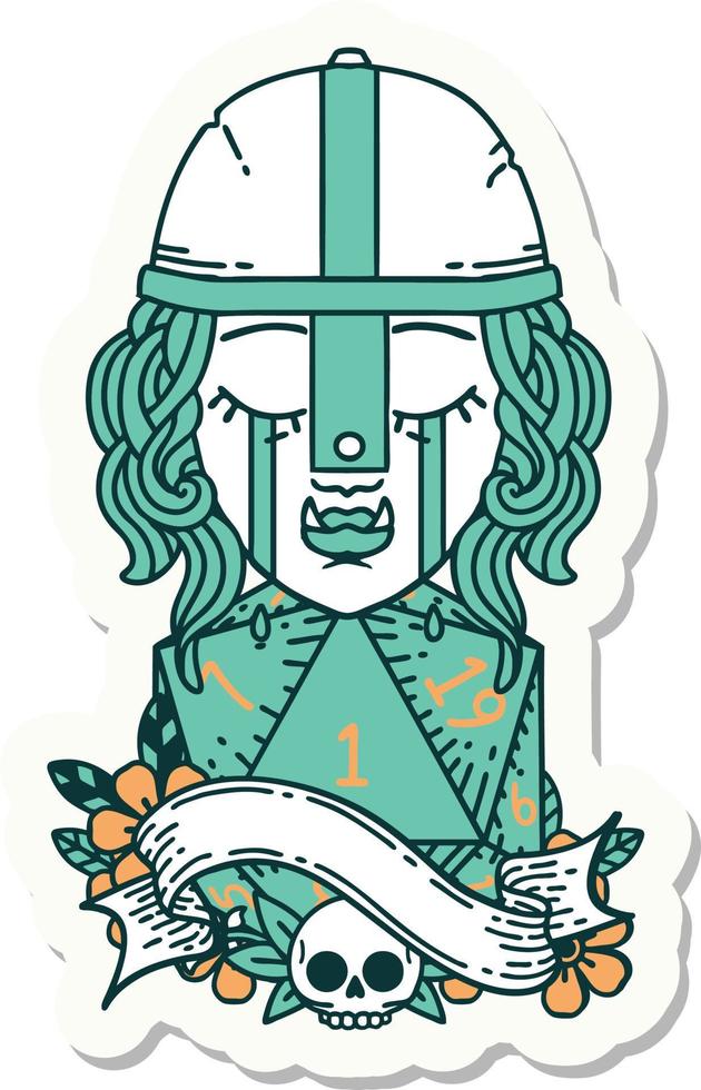 sticker of a crying orc fighter character face with natural one D20 roll vector