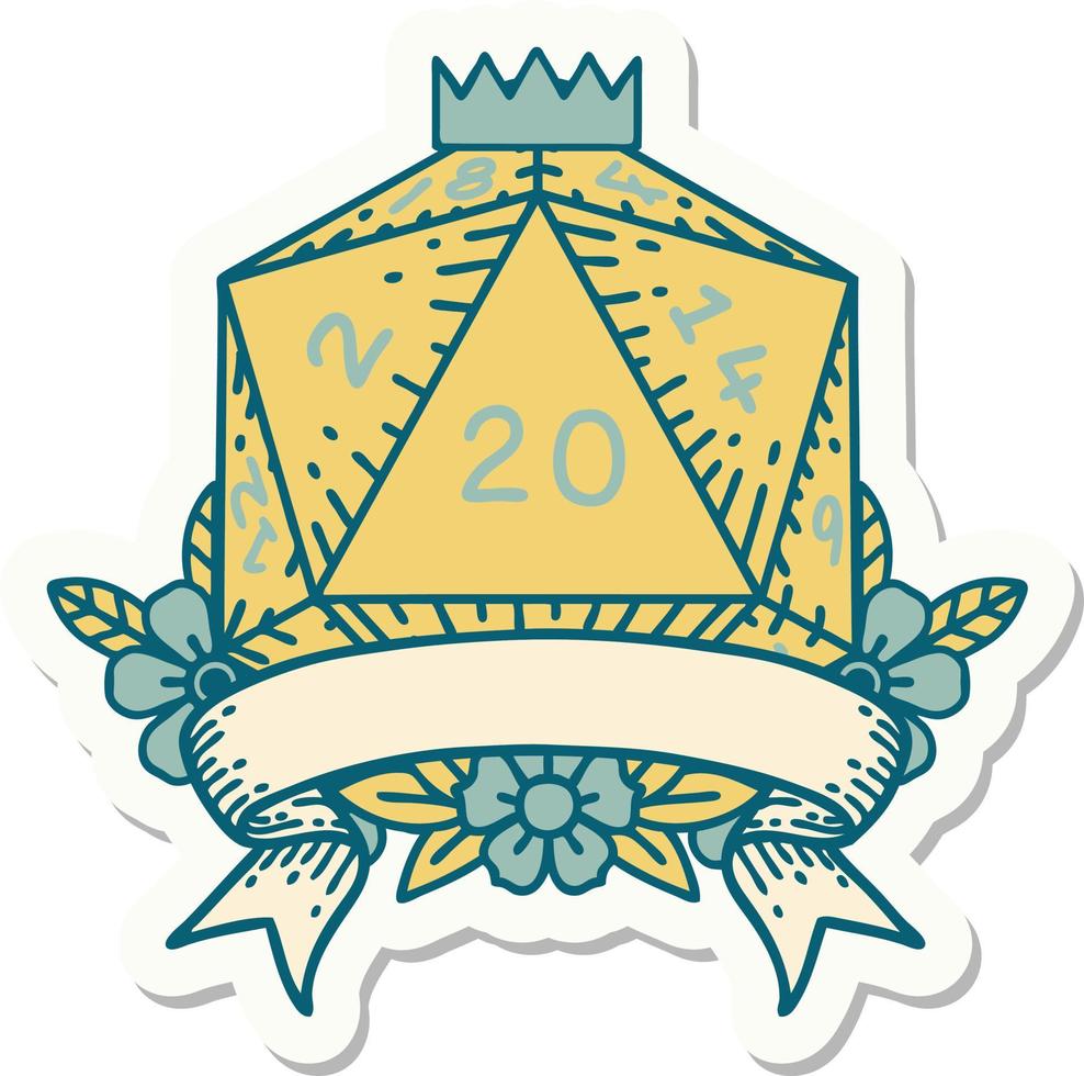sticker of a natural 20 critical hit D20 dice roll vector