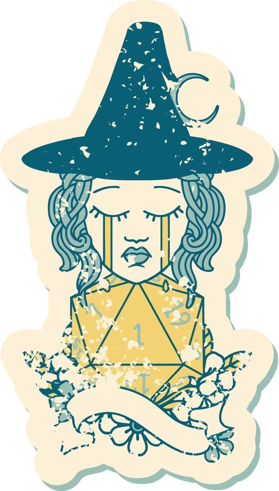 Retro Tattoo Style human witch with natural one D20 roll vector