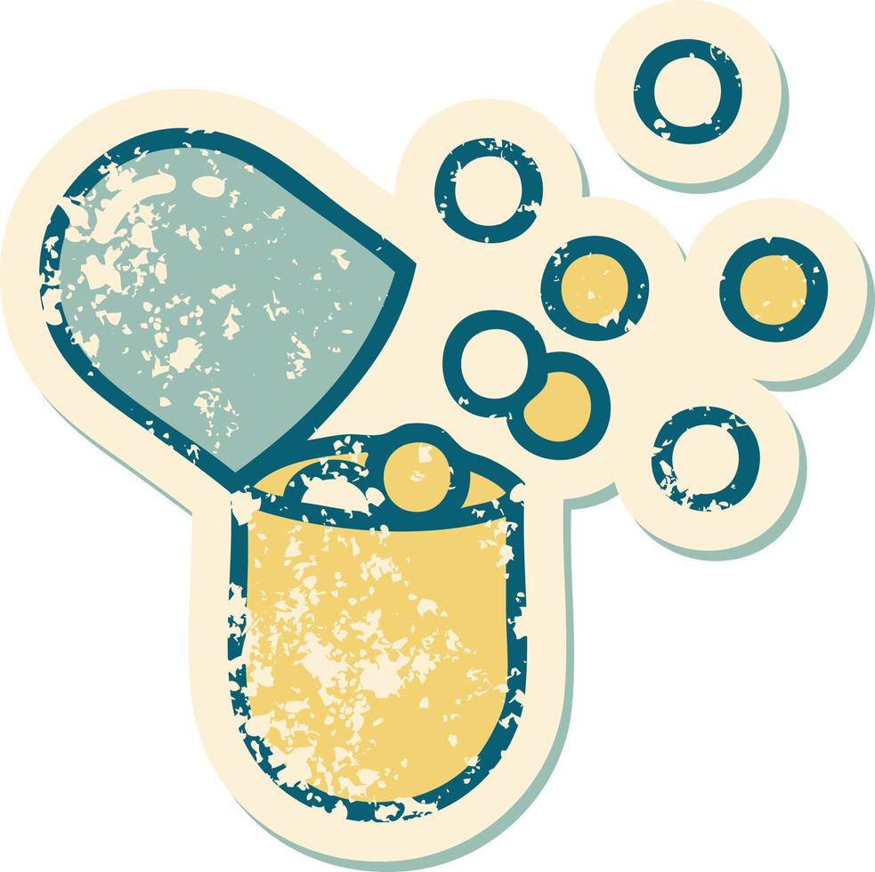 grunge sticker of a burst open medical capsule pill vector