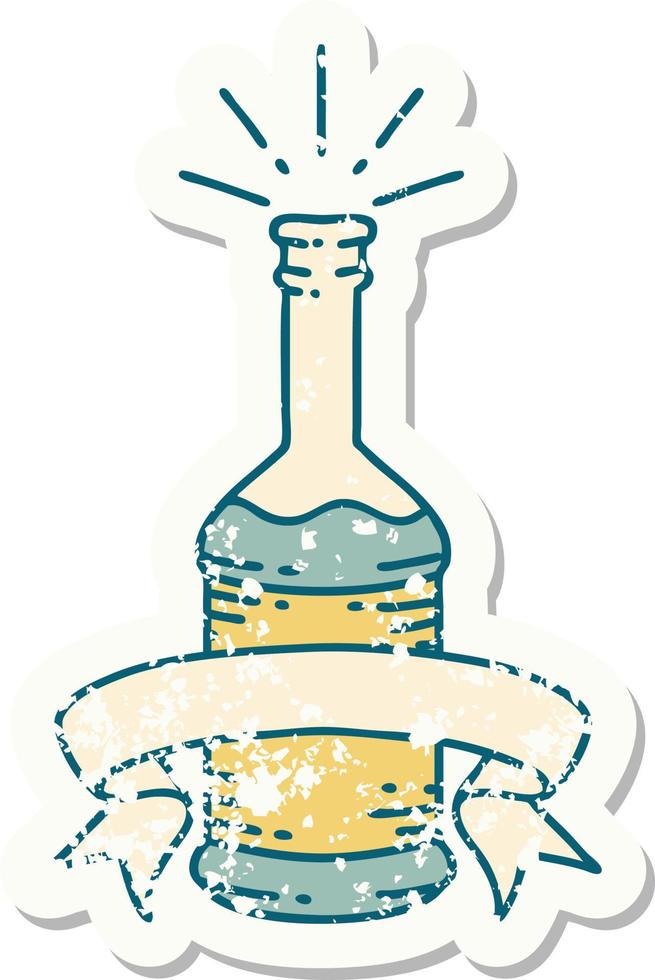 worn old sticker of a tattoo style beer bottle vector