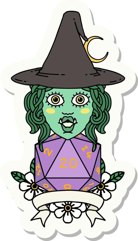 sticker of a half orc witch character with natural 20 dice roll vector